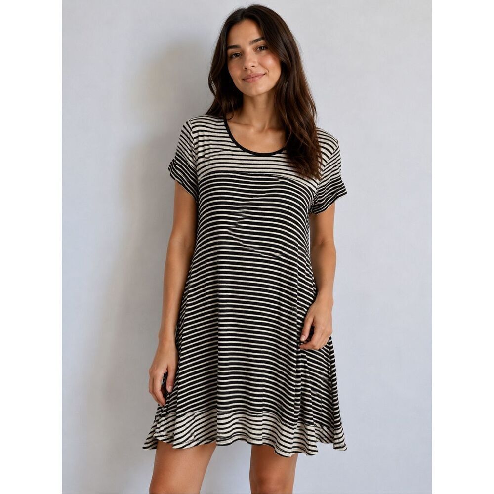 EXIST Black White Striped Swing Dress L Soft Knit Casual Boho